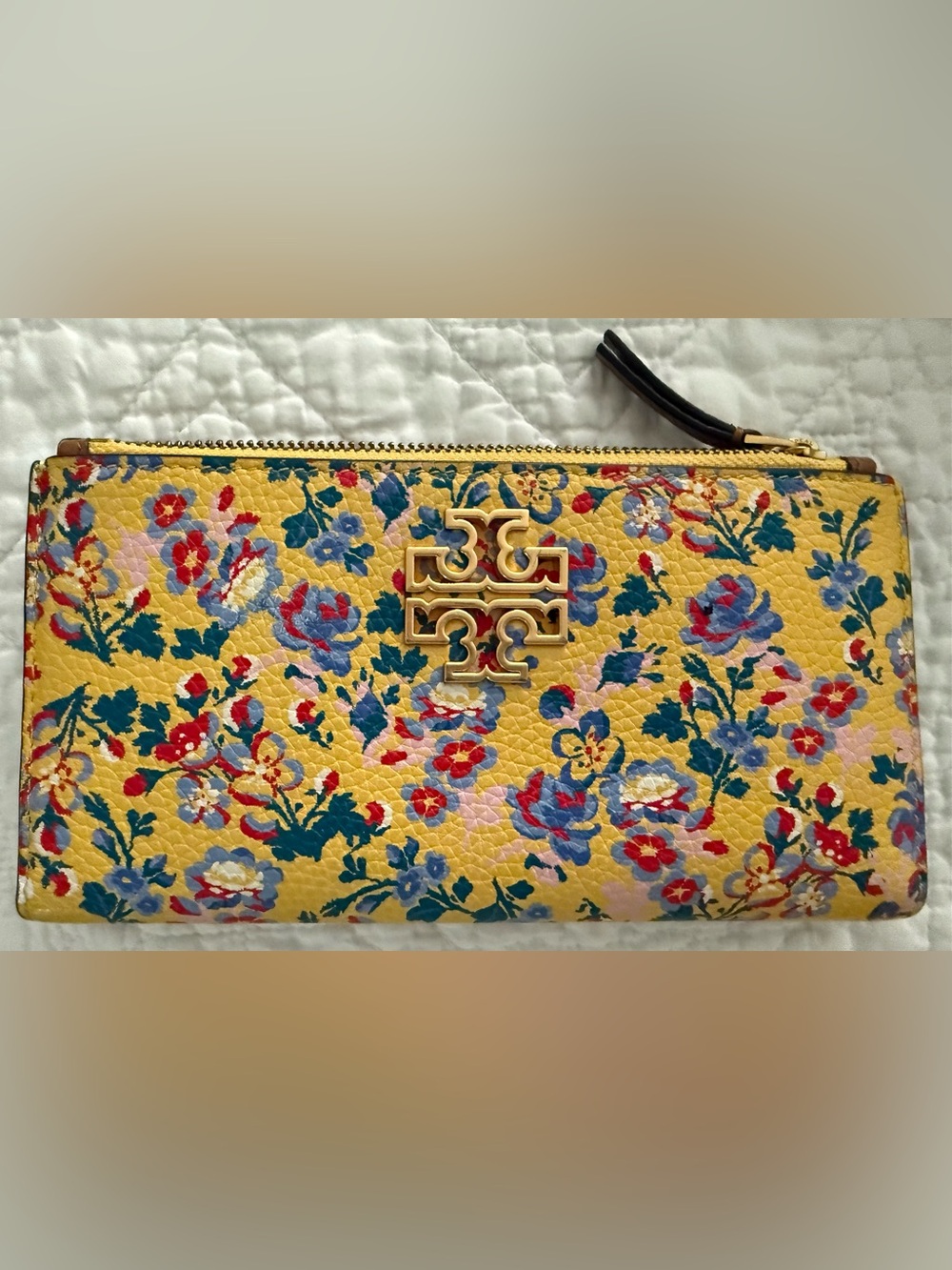 Tory Burch Yellow Floral pebble leather wallet with Gold Logo